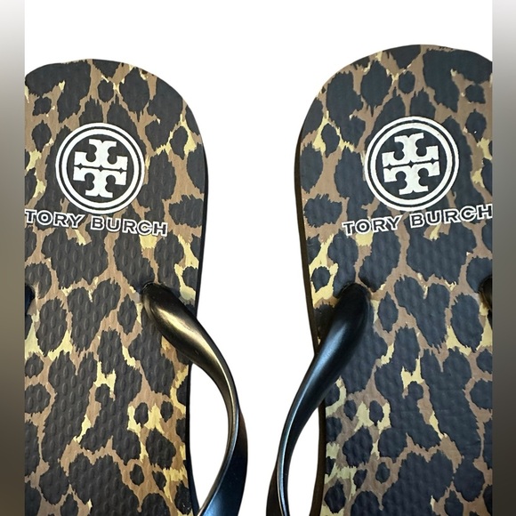 Tory Burch Black Tan Leopard Print Thong Flip Flops Cheetah Gold-tone Logo - Picture 6 of 7